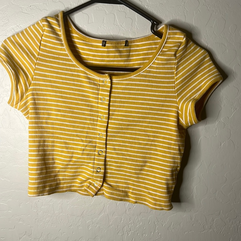 Yellow crop top with white stripes
